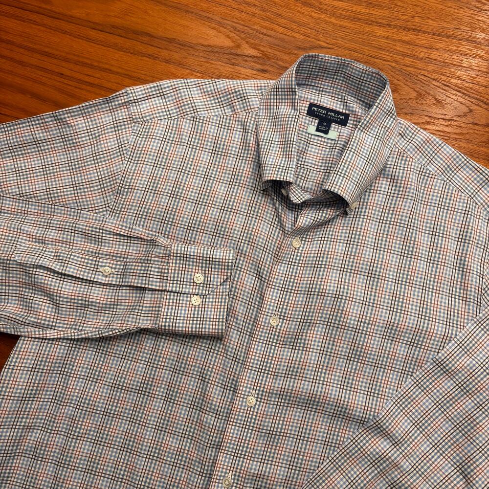 Peter Millar Crown Crafted Flex Finish Men's Blue Plaid Long Sleeve Shirt Medium
